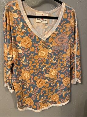 Boho Jane Floral V-Neck Tunic in Blue and Mustard